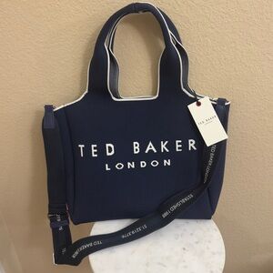 NWT Women TED BAKER Sara Navy Blue & cream knit crossbody double handle tote bag